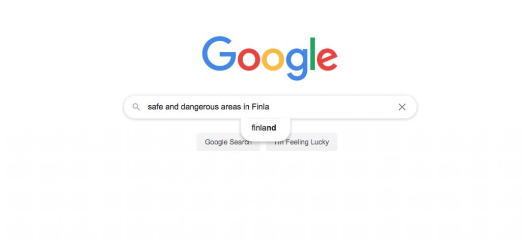 screenshot of a Google search about safe and dangerous areas to travel to in Finland