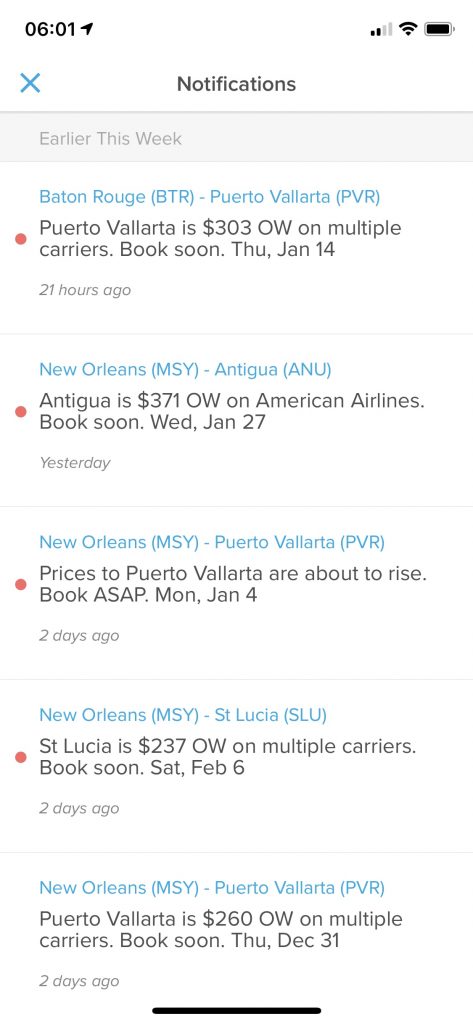 screenshot of price changes on Hopper flight app