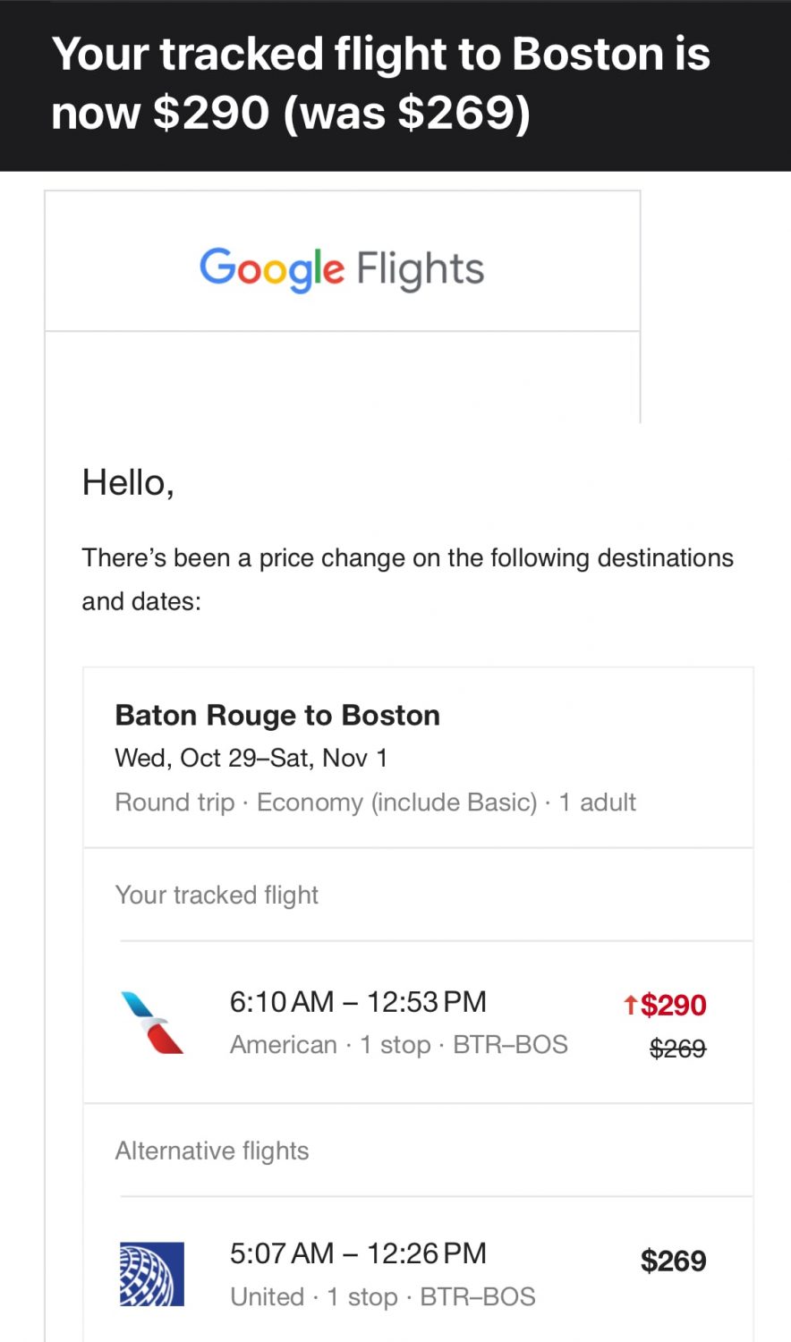 screenshot of Google Flight price change alert via email