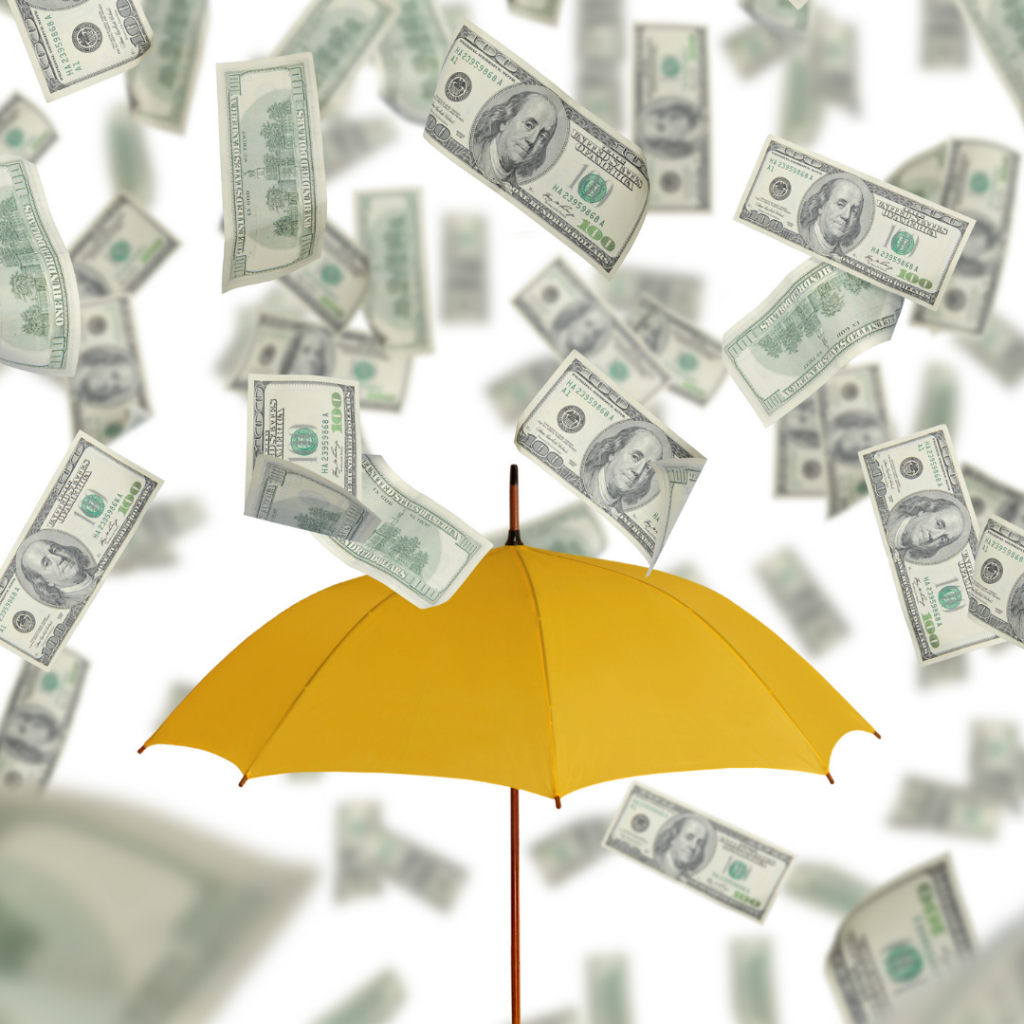money falling onto a yellow umbrella like rainfall