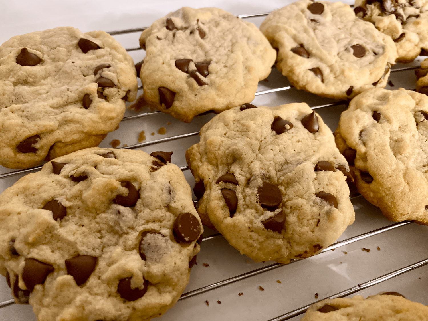 chocolate chip cookies cooling on a rack