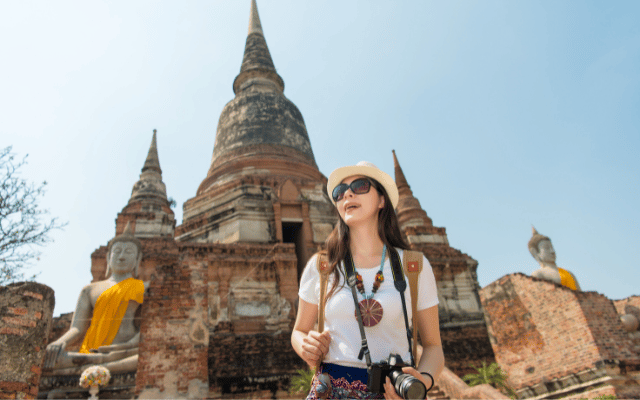 backpacking woman traveler holding a camera