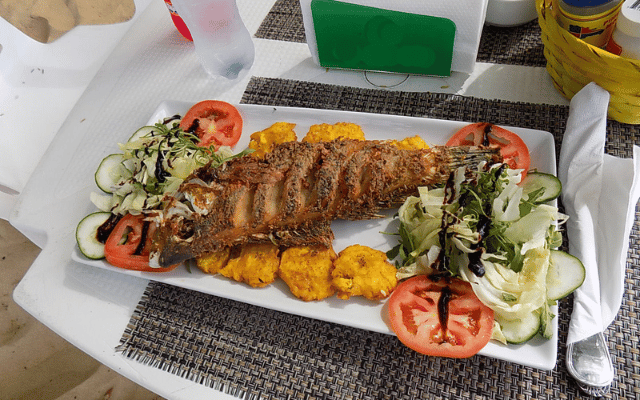 image of fried fish, plantains, and salad