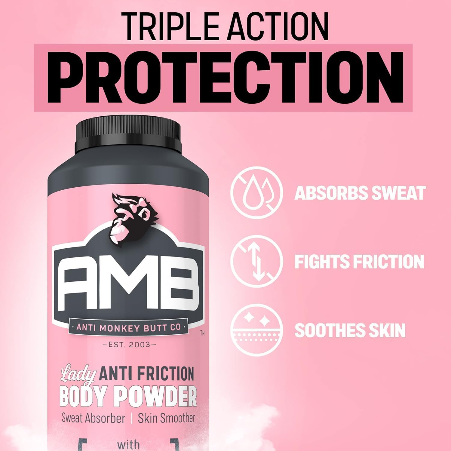 A pink bottle of AMB Lady Anti Friction Body Powder with text indicating it provides triple action protection to absorb sweat, fight friction, and soothe skin during hot weather.