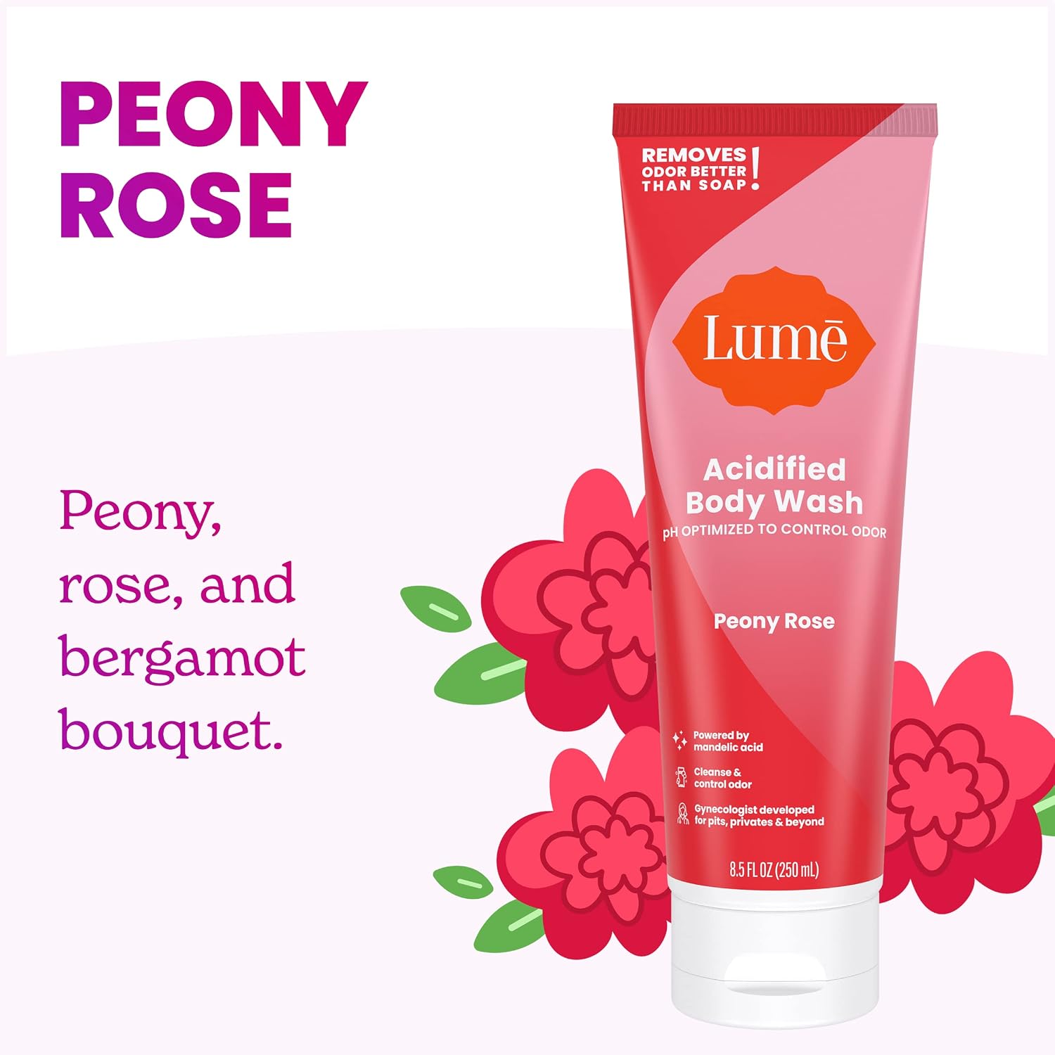 A pink tube of Lumē Acidified Body Wash in the scent Peony Rose, featuring text that highlights a peony, rose, and bergamot bouquet for full-body odor control.