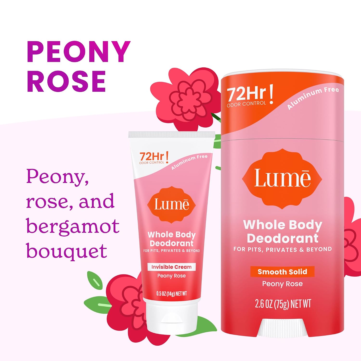 A tube of invisible cream and a stick of smooth solid Lumē Whole Body Deodorant in the scent Peony Rose, featuring text that emphasizes 72-hour, aluminum-free odor control.