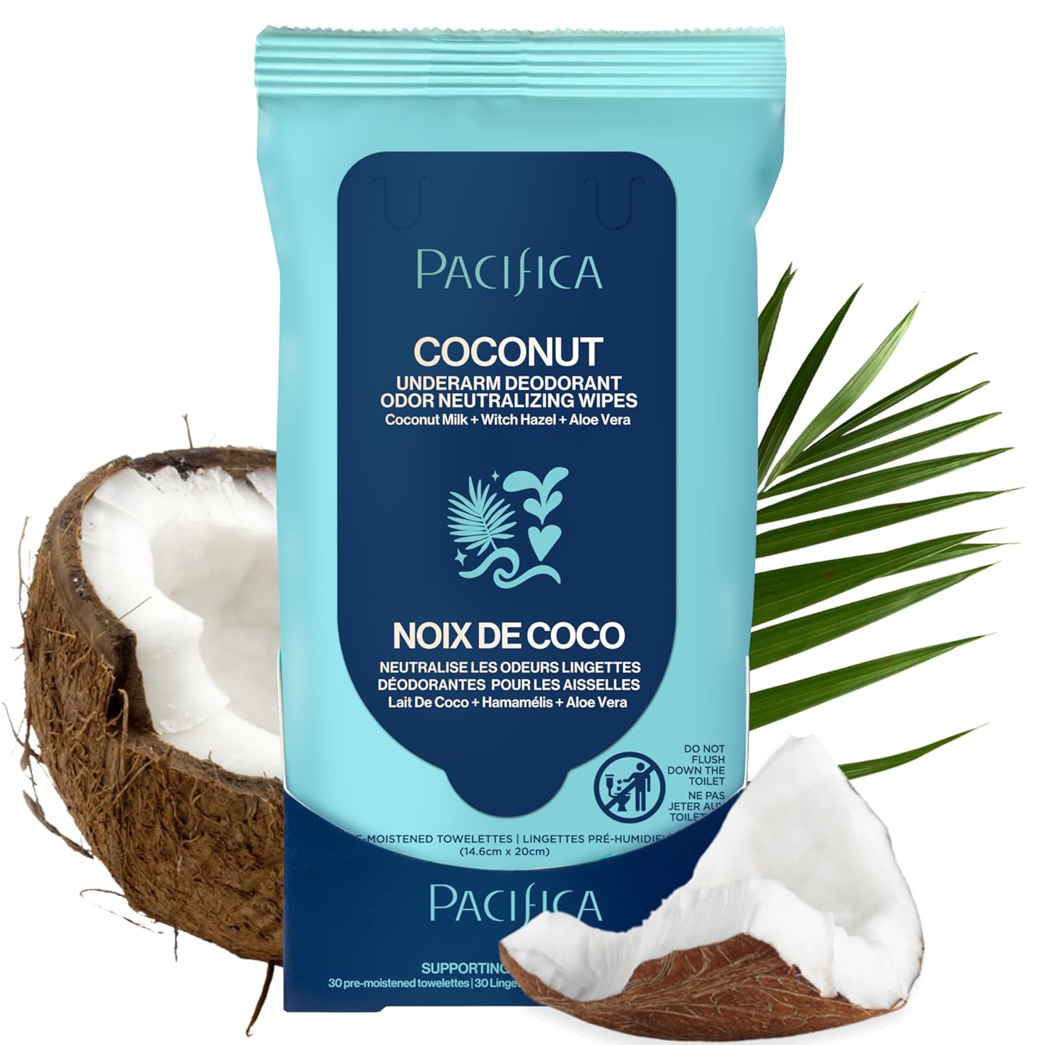 A blue travel-sized package of Pacifica Coconut Underarm Deodorant Odor Neutralizing wipes surrounded by cracked open fresh coconuts and a green palm leaf.